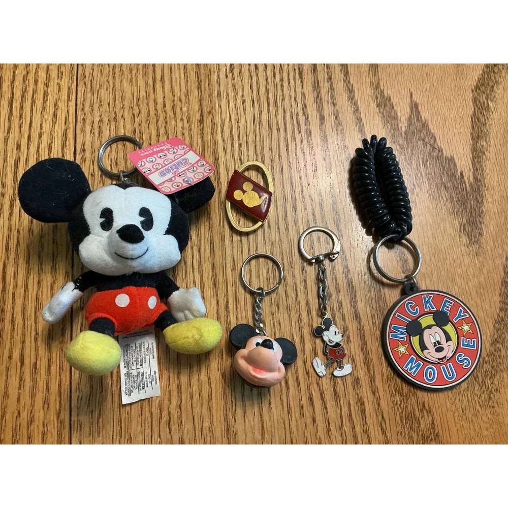 Disney Mickey Mouse Keychain Lot Plush Cuties Rubber Head Coil Wristlet 5pc Set